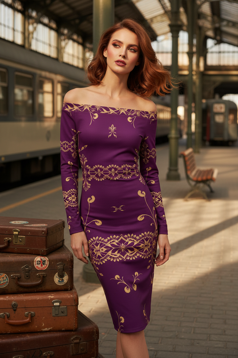 Women’s purple gold midi dress with baroque print styled as an evening outfit for 2025