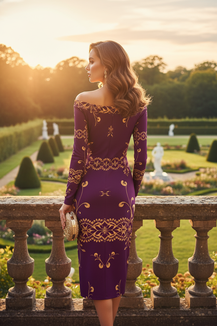 Purple gold midi dress captured in a feminine high-fashion editorial style
