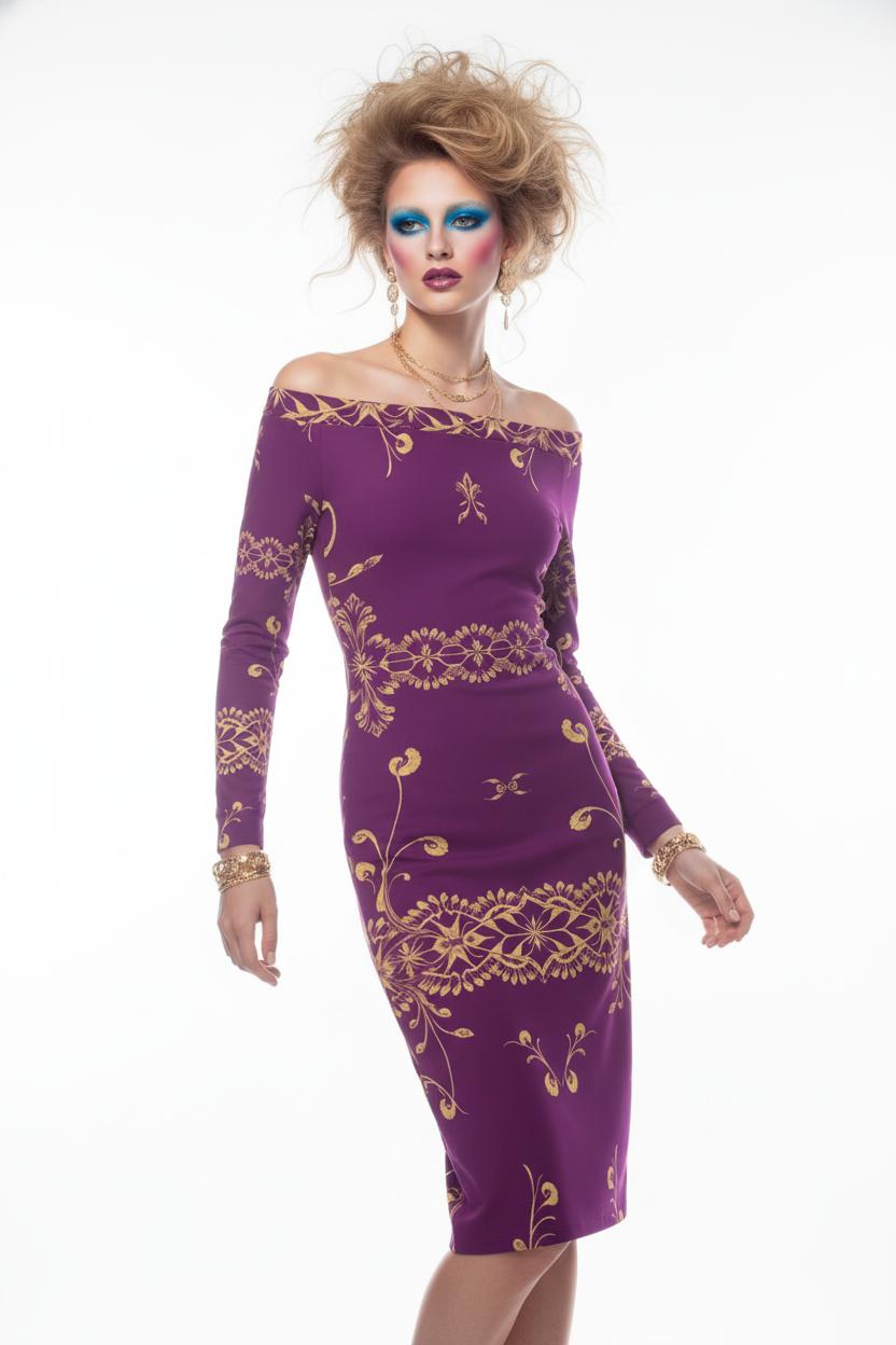 Purple gold long-sleeve bodycon midi dress with intricate baroque pattern
