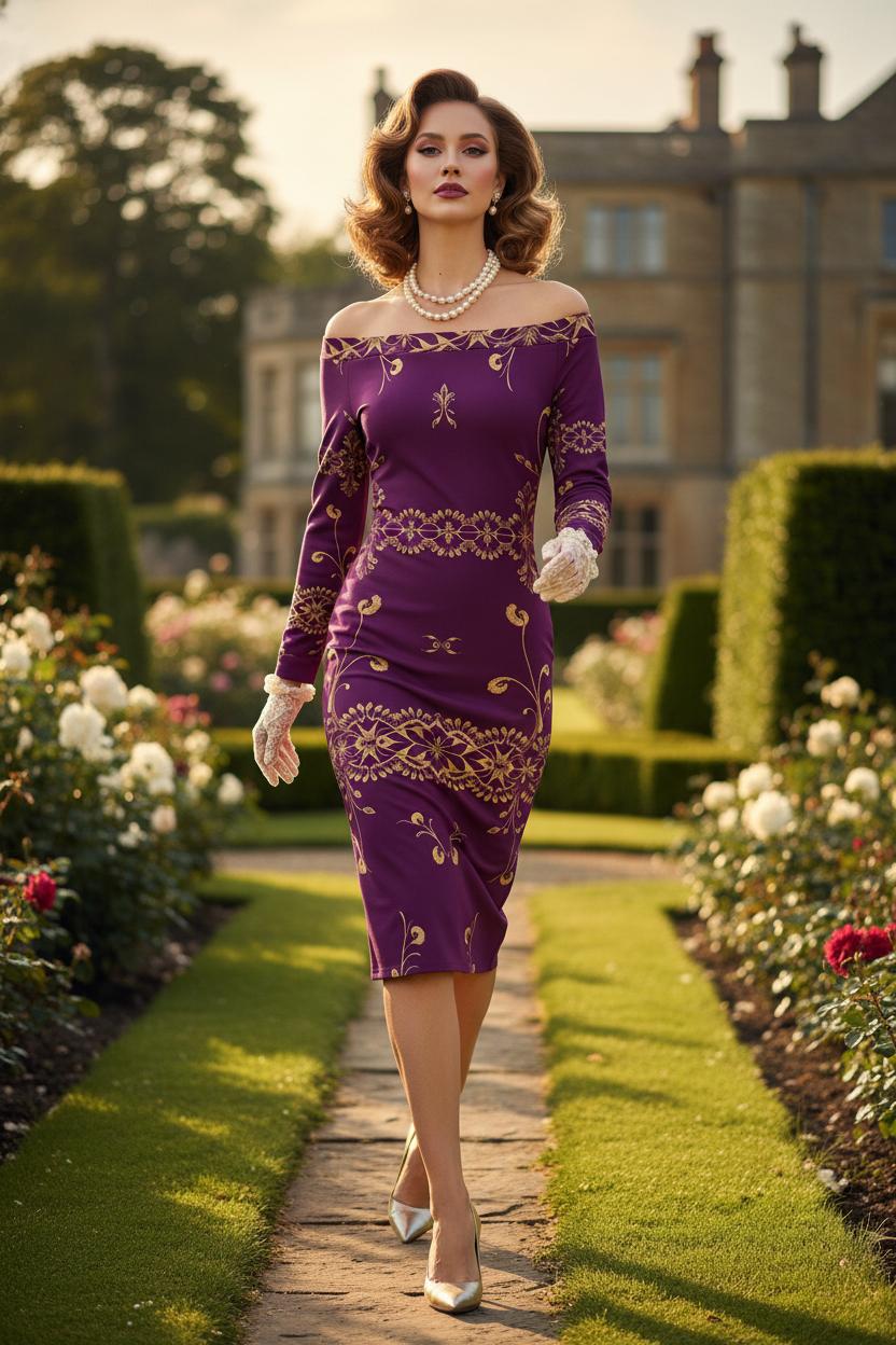 Elegant purple and gold off-shoulder midi dress with baroque print and long sleeves