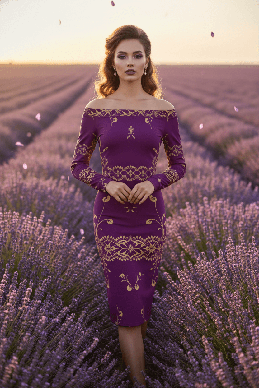 Woman wearing purple gold off-shoulder midi dress standing in a lavender field at sunset
