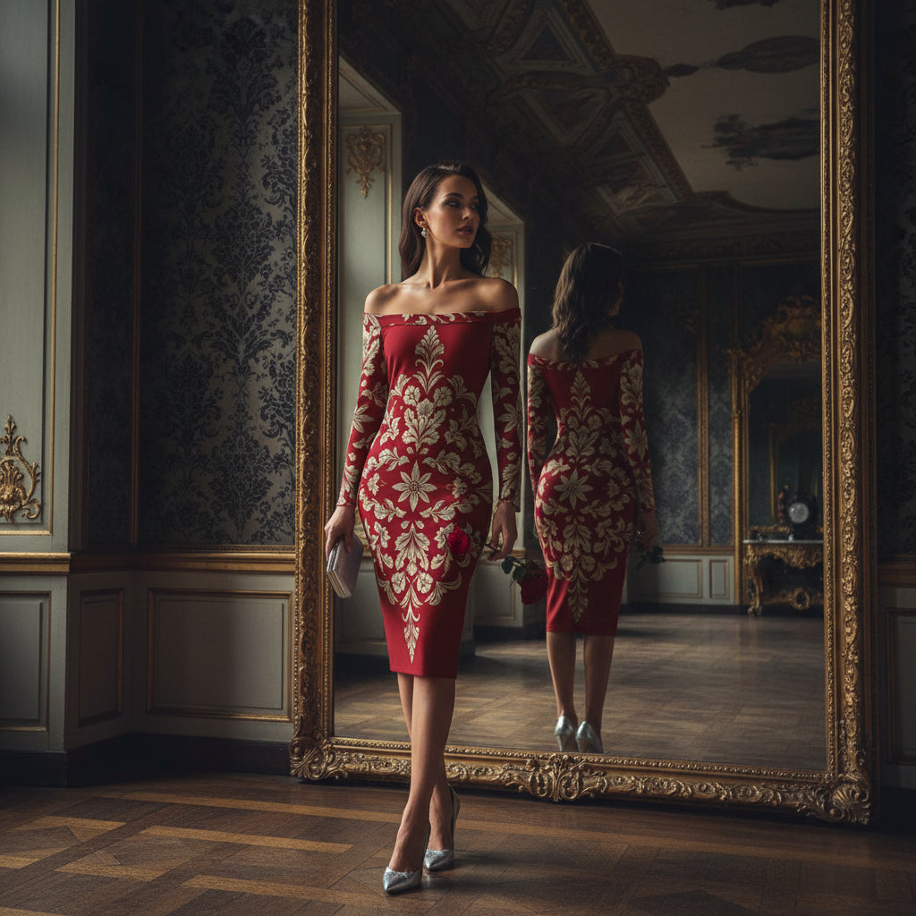 Red baroque inspired bodycon midi dress with damask pattern