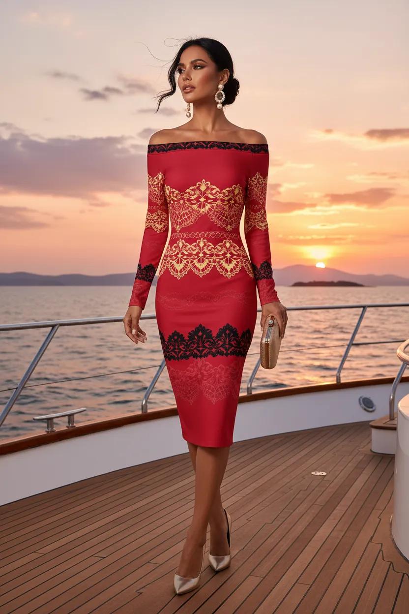 Off-The-Shoulder Long Sleeve red black bodycon dress Elegant Evening Outfit