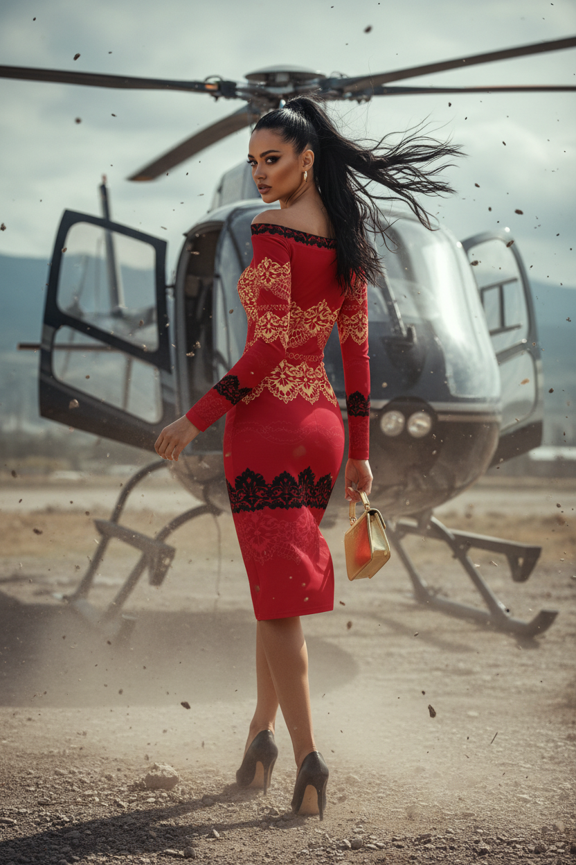 Off-The-Shoulder Long Sleeve red black bodycon dress elegant evening outfit with heels