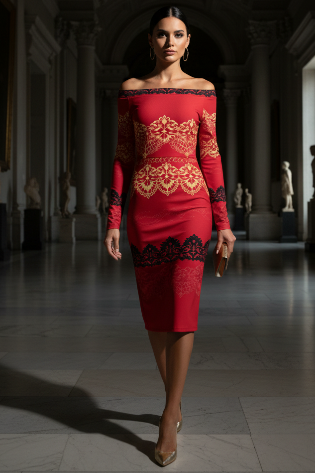 Red Black Bodycon Dress Elegant Evening Outfit with Off Shoulder Design