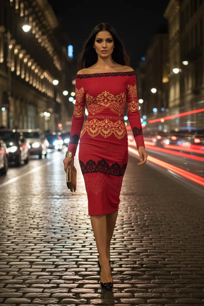 Off-The-Shoulder Long Sleeve Red Black Bodycon Dress Elegant Evening Outfit