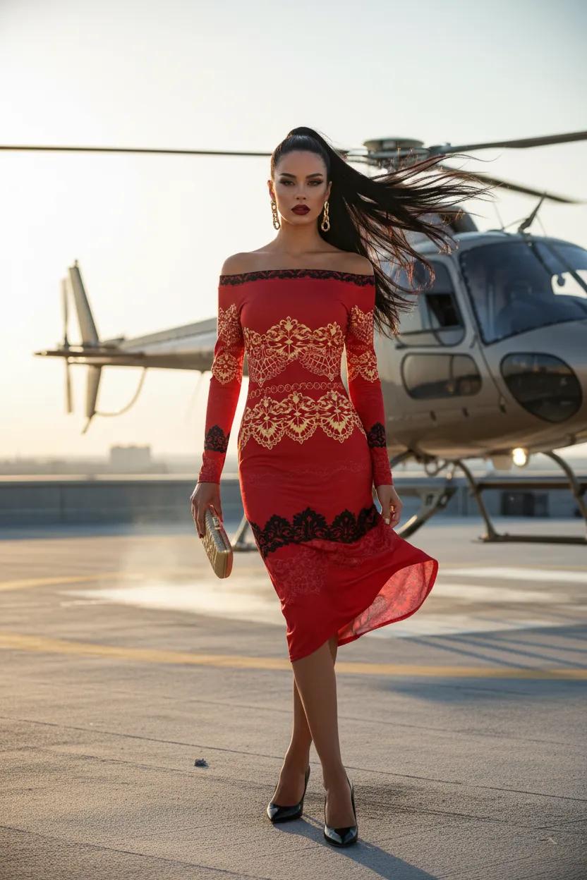 Off-The-Shoulder Long Sleeve red black bodycon dress elegant evening outfit model