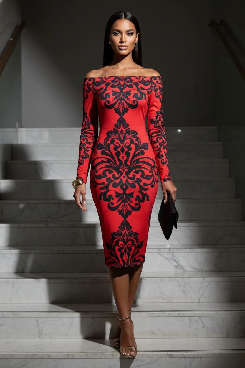 Elegant Red and Black Patterned Bodycon Dress Evening Outfit Stylish and Sophisticated Look