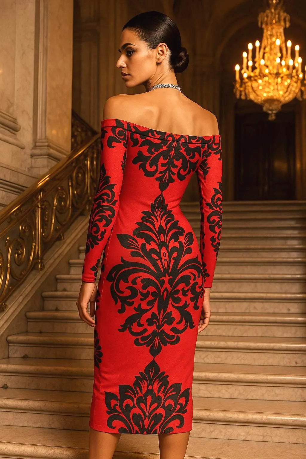 POD luxury red gothic bodycon midi dress with black ornamental pattern worn off shoulder