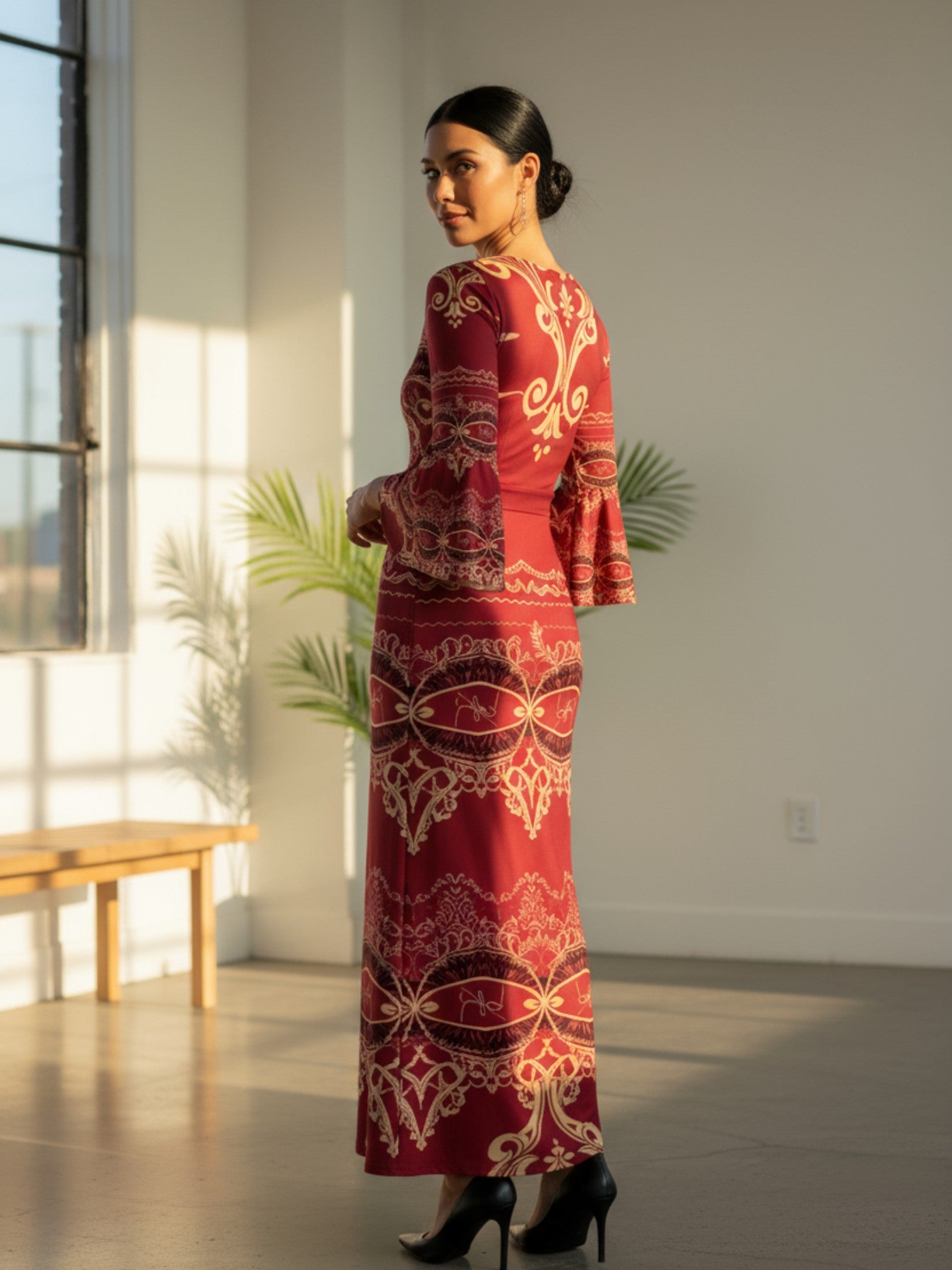 Angelic Blessings Shop long sleeve v-neck evening gown maxi dress with red and gold intricate patterns