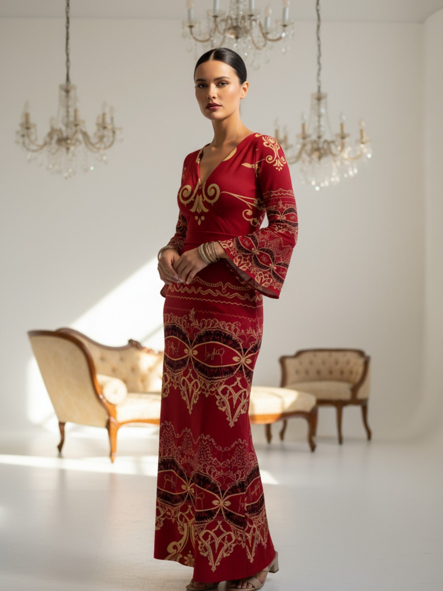Long sleeve v-neck evening gown in red with gold patterns from Angelic Blessings Shop