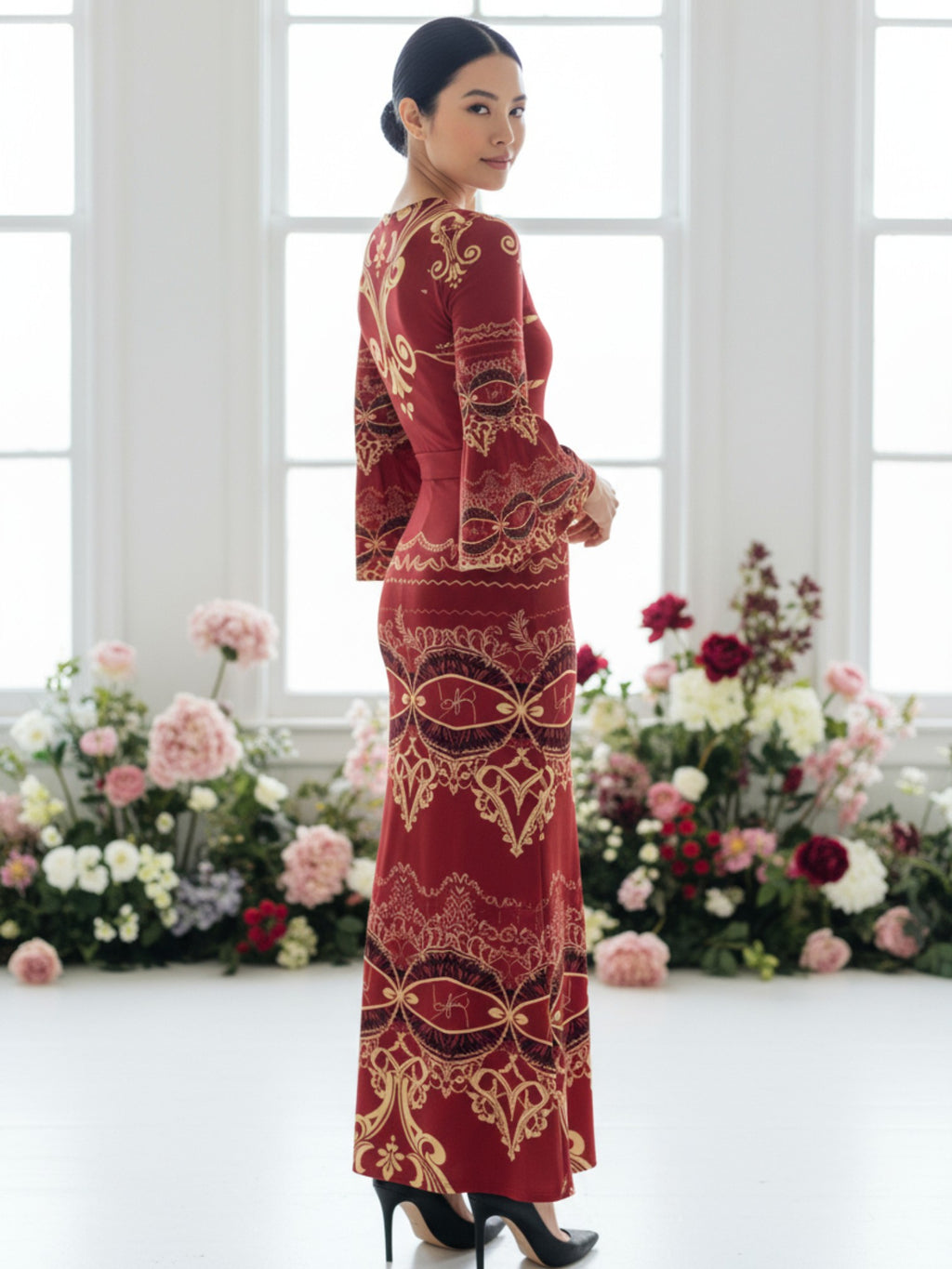 Angelic Blessings Shop long sleeve v-neck evening gown in red with gold patterns and bell sleeves