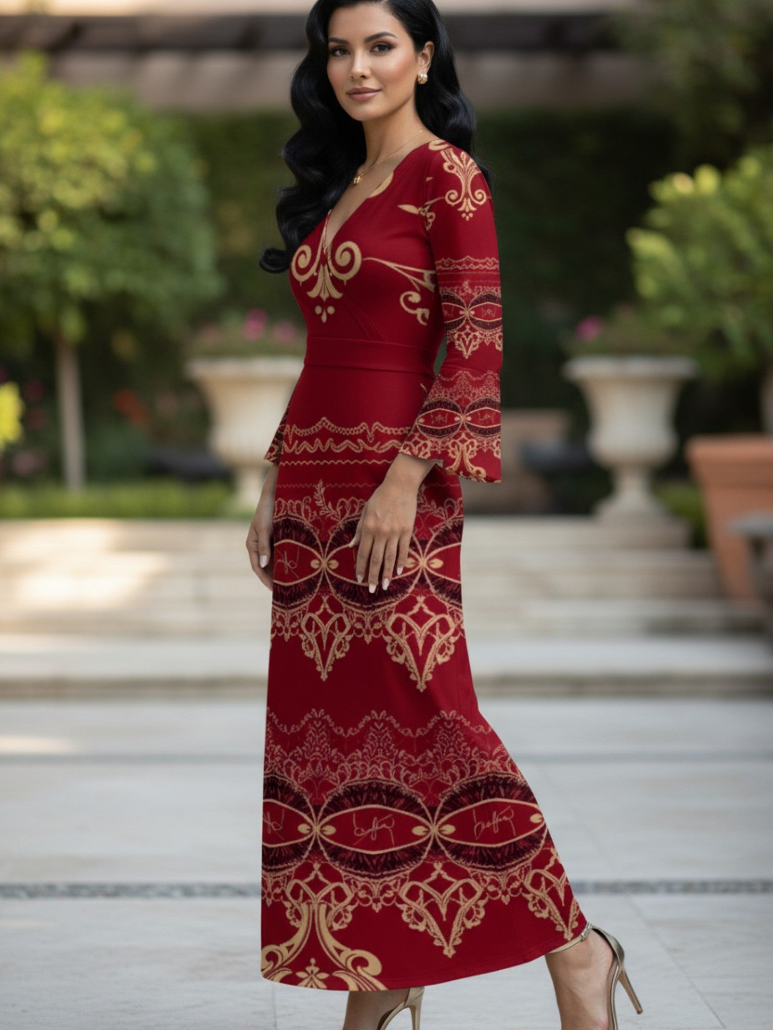 Angelic Blessings Shop long sleeve v-neck evening gown in red with gold patterns and maxi dress length