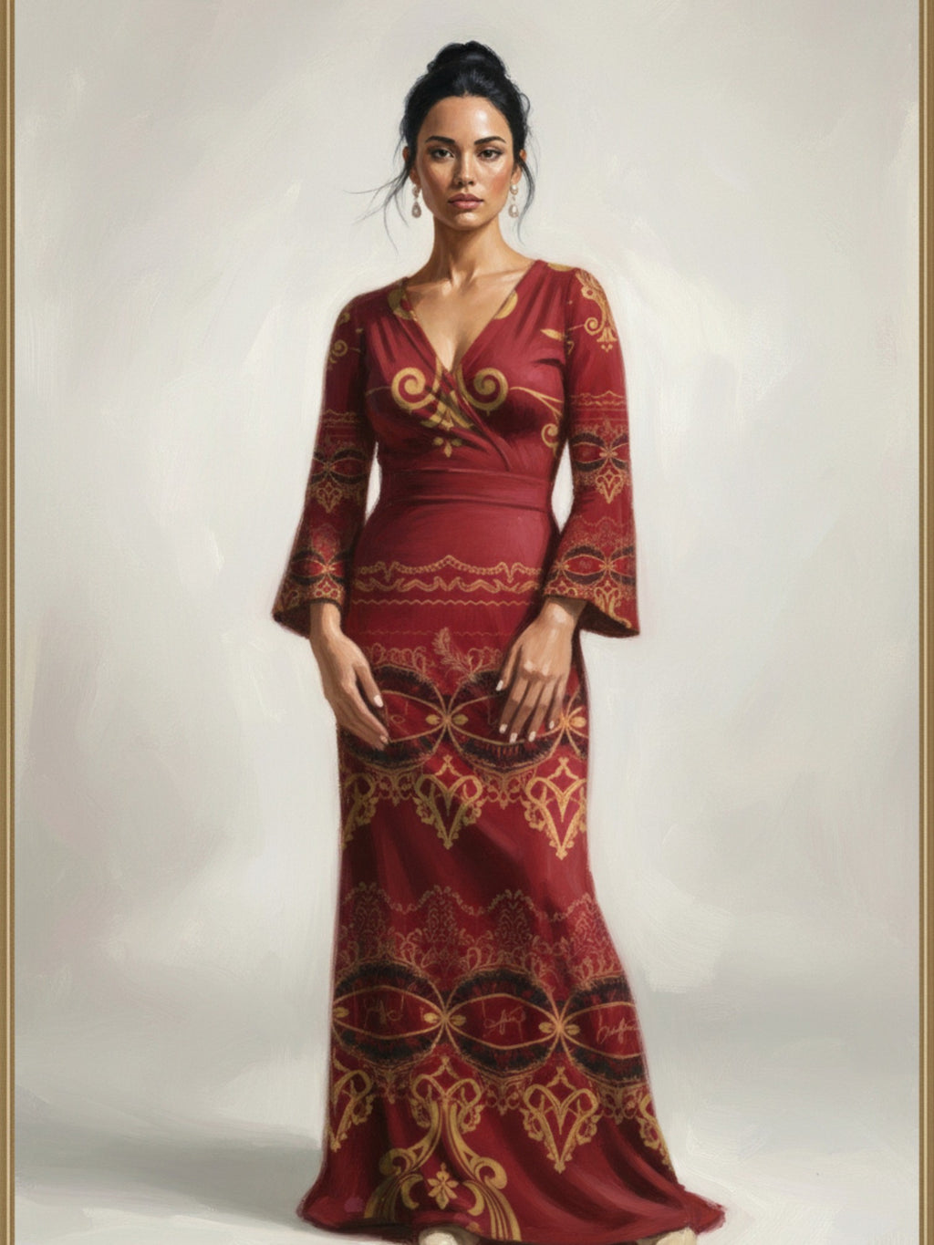 Angelic Blessings Shop long sleeve v-neck evening gown maxi dress in red with gold patterns