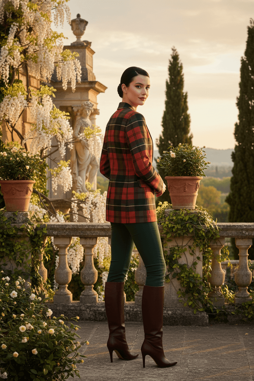 Close-up of the cotton red plaid blazer showing stitching and hyper-realistic tartan pattern.