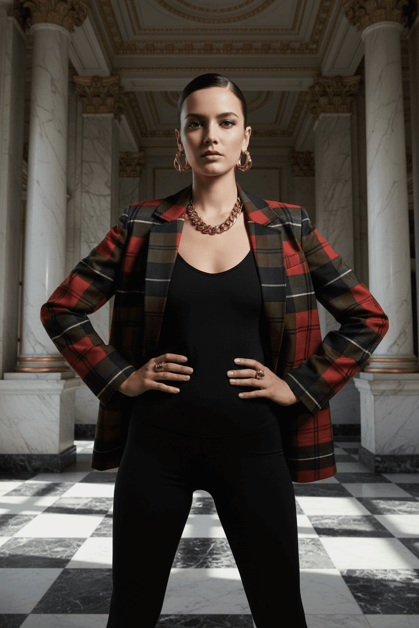 Close-up of the cotton red plaid blazer showing stitching and hyper-realistic tartan pattern.