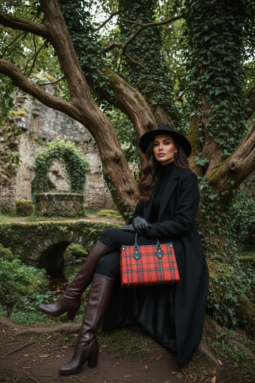 Elegant red tartan fashion tote bag made to order