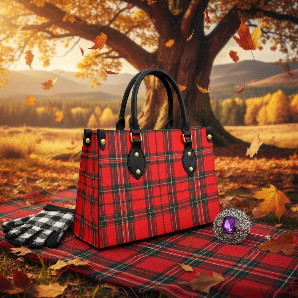 Scottish red tartan handbag with black leather handles