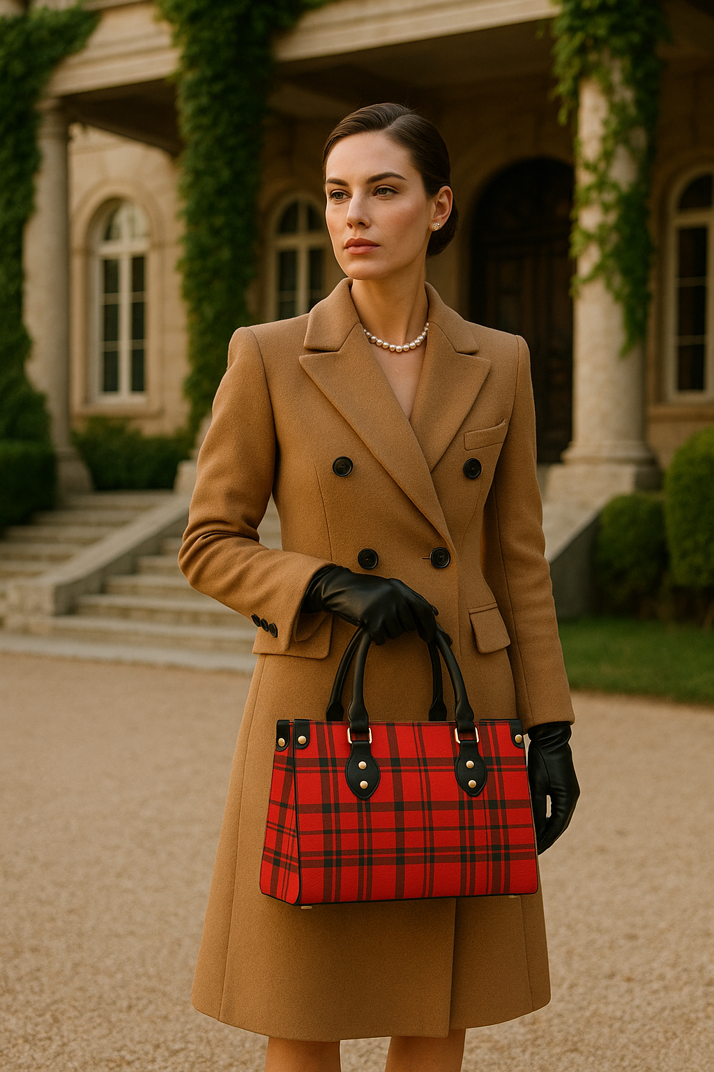 Scottish red tartan handbag with black leather handles