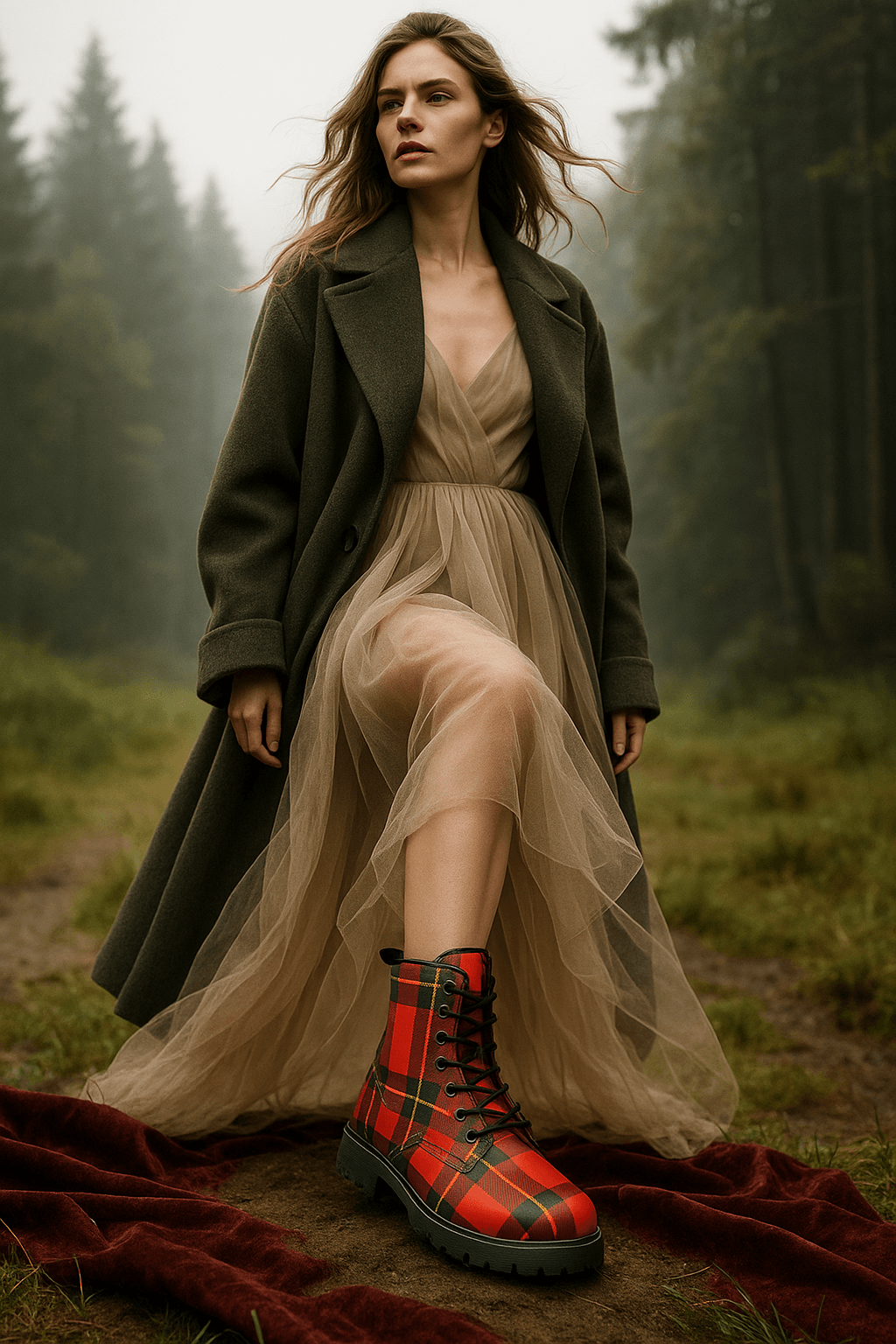 Red tartan vegan leather boots worn with a long sheer dress and dark green coat in a forest setting