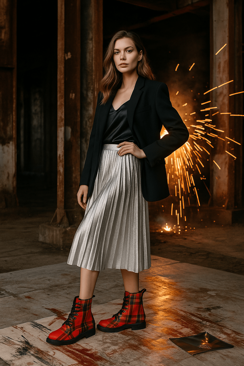 Red tartan vegan leather boots styled with a pleated silver skirt and black blazer