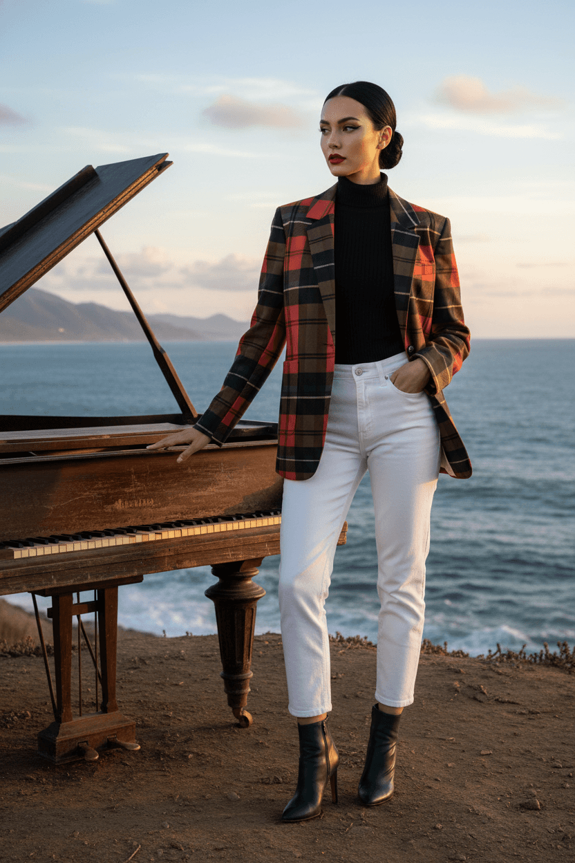 Front view of a women’s red tartan blazer made from 100% cotton, classic Scottish plaid design in XS–5XL.
