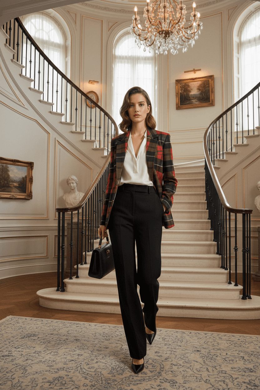 Tailoring and pocket details of the women’s red tartan blazer, high-quality cotton fabric.
