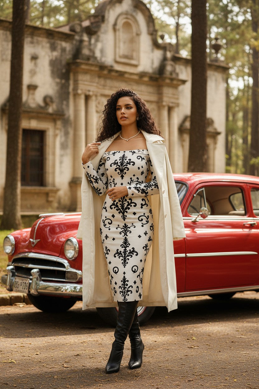 White-Black Baroque Off-the-Shoulder Long Sleeve Wrap Dress for Women | Elegant Bodycon Midi Dress - Angelic Blessings