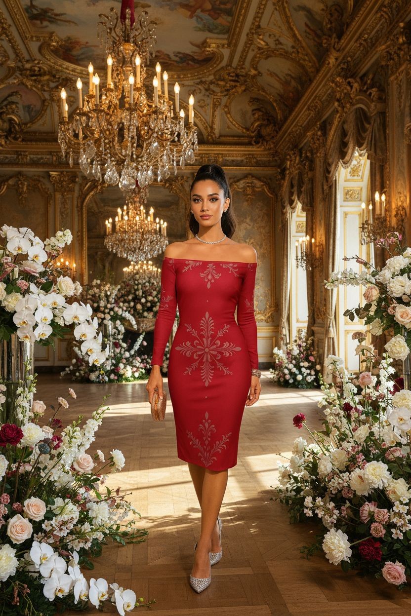 Romantic baroque off-shoulder long sleeve midi dress