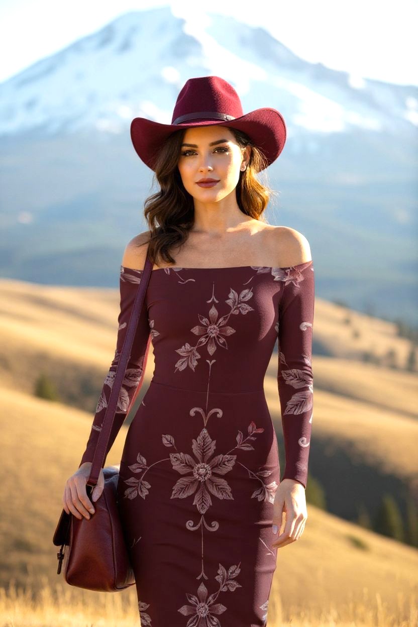 Romantic burgundy off-shoulder midi dress for women