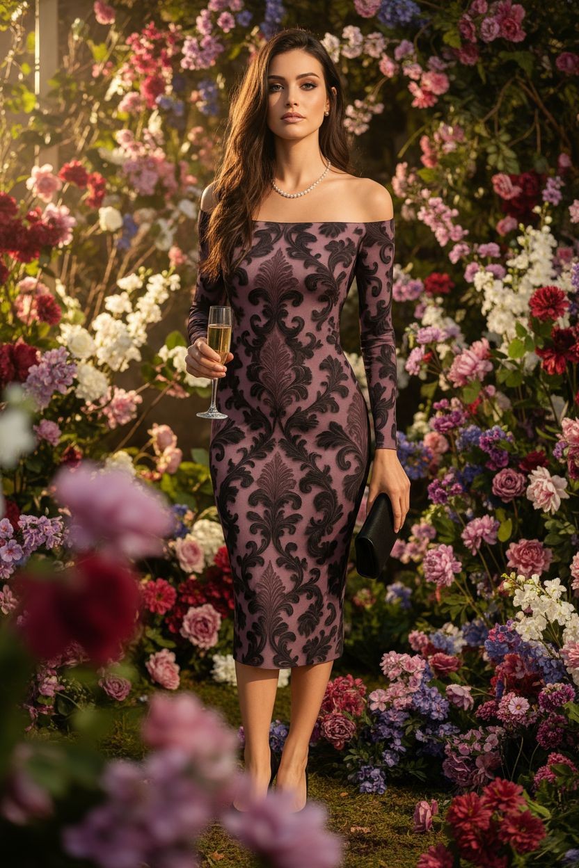 Romantic violet floral baroque dress for evening events