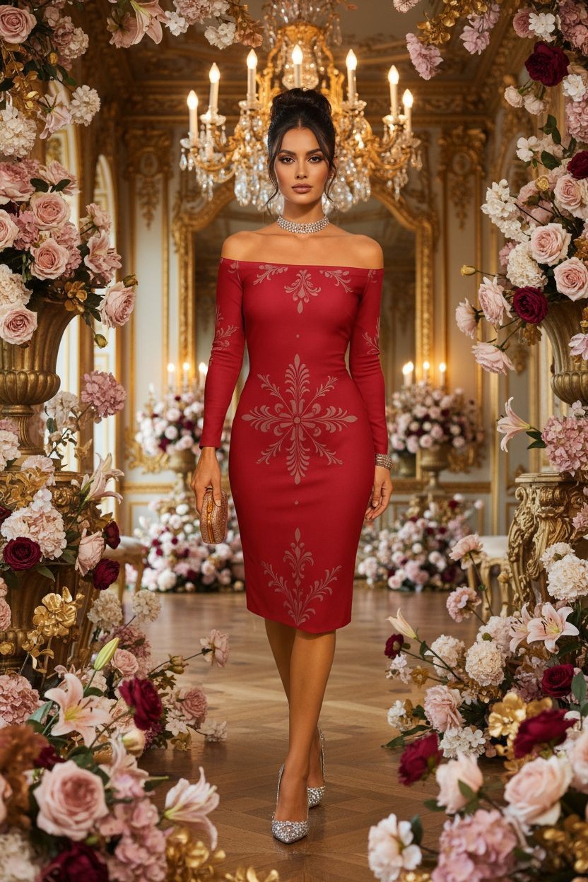 Rose Baroque off-the-shoulder long sleeve midi dress for women