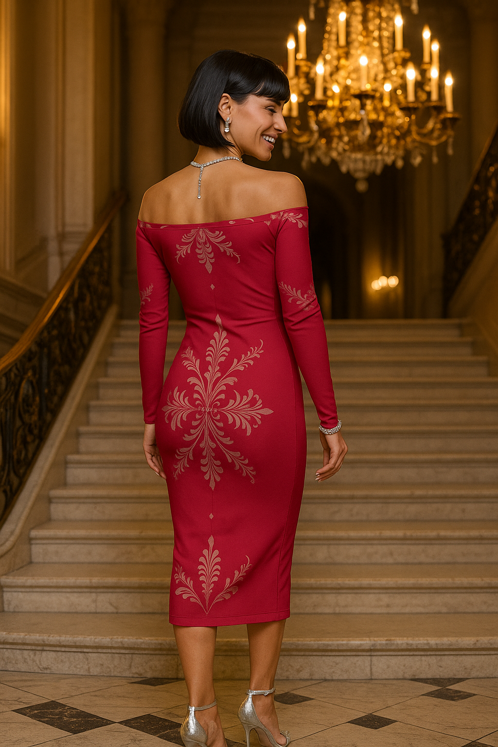 Rose Baroque Women's Off-The-Shoulder midi dress in red with intricate gold patterns and elegant long sleeves