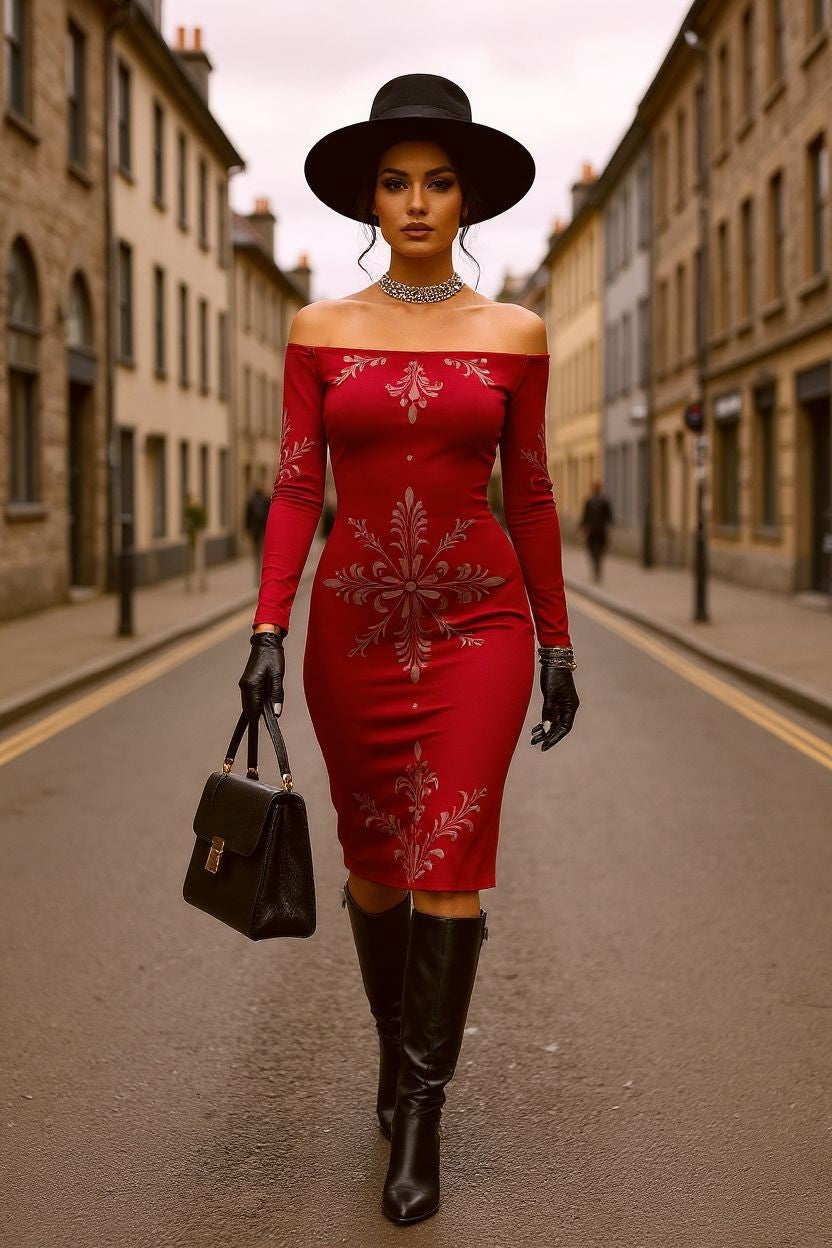 Rose Baroque Women's Off-The-Shoulder midi dress in red with long sleeves and elegant floral patterns