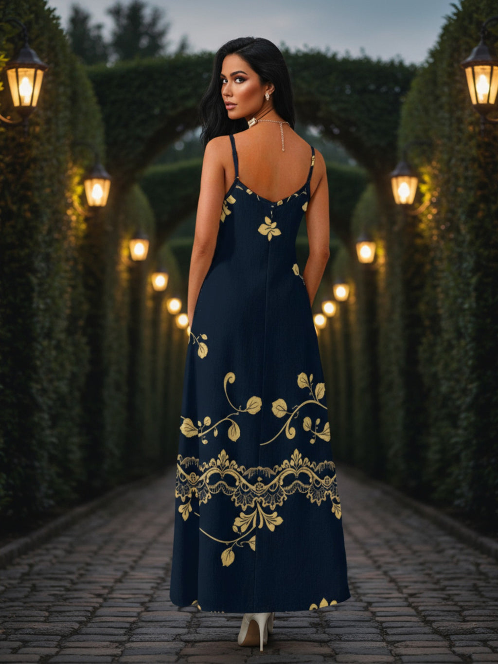 Woman wearing royal blue maxi dress for women with gold floral design standing on a cobblestone pathway