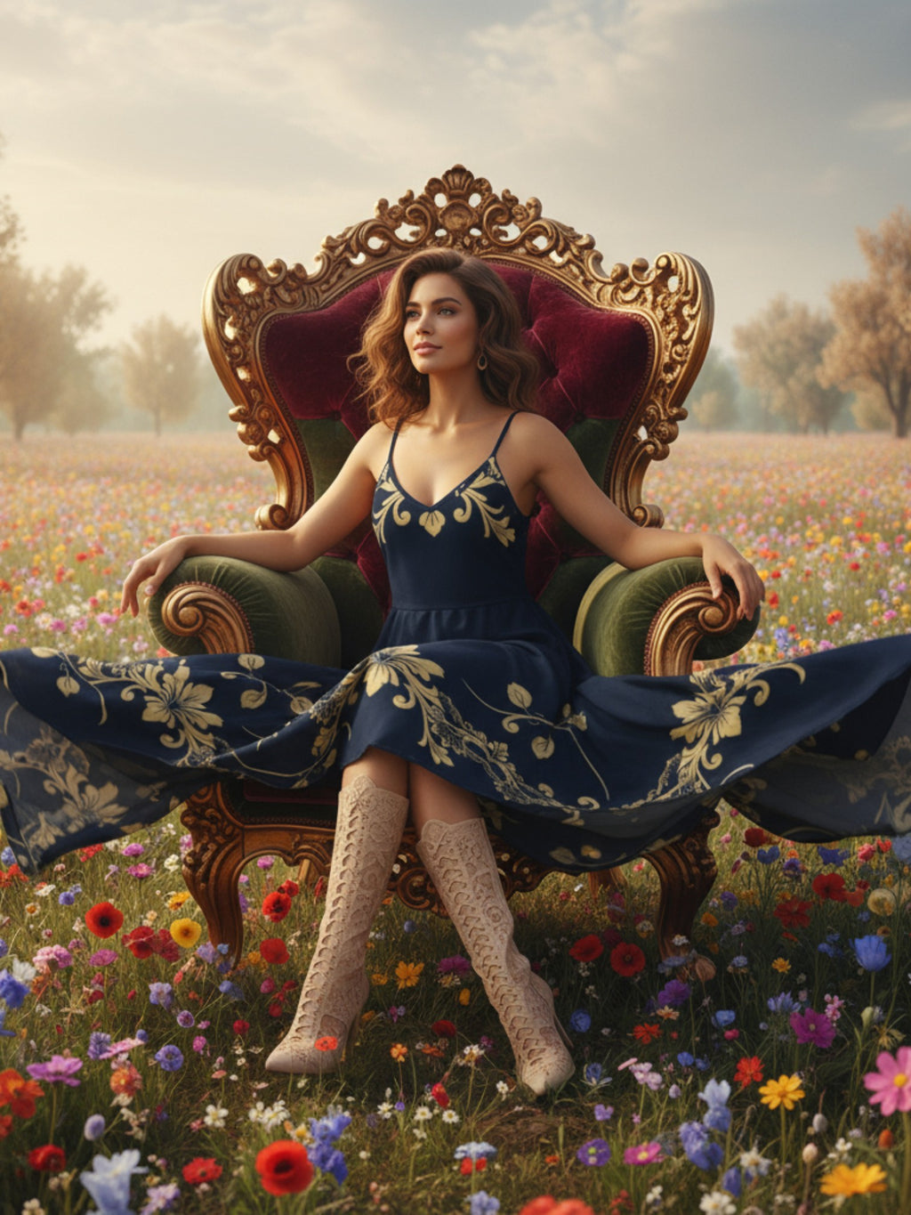 Summer beach-style outfit featuring royal blue V-neck maxi dress