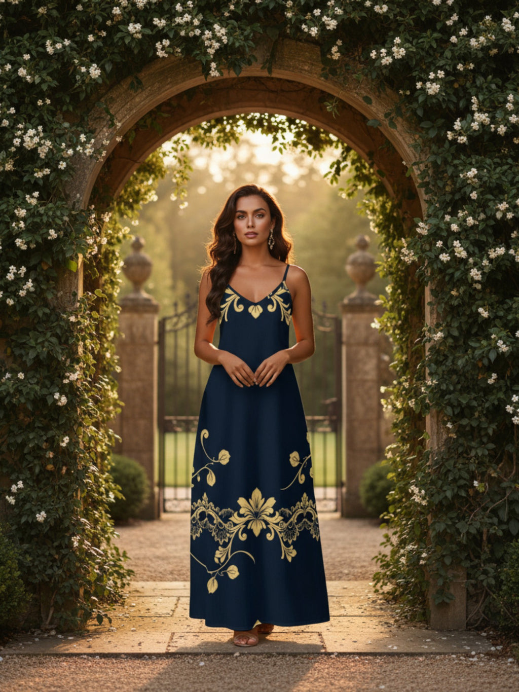 Woman wearing royal blue maxi dress for women with gold floral embroidery standing under a flower-covered stone archway