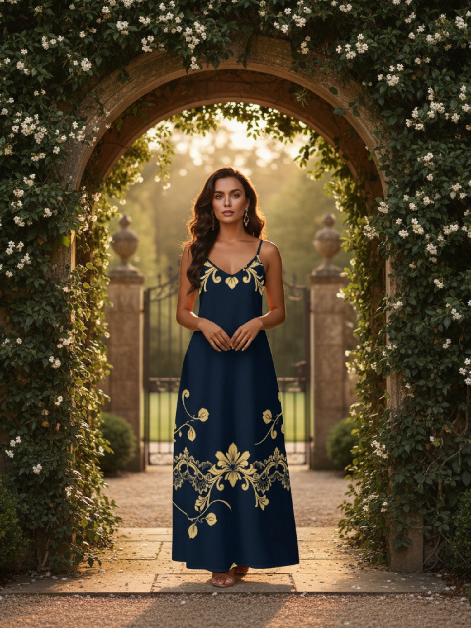 Woman wearing royal blue maxi dress for women with gold floral embroidery standing under a flower-covered stone archway