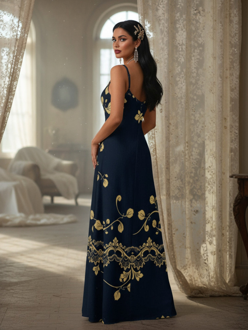 Royal blue maxi dress for women with gold floral embroidery and thin straps by Angelic Blessings Shop