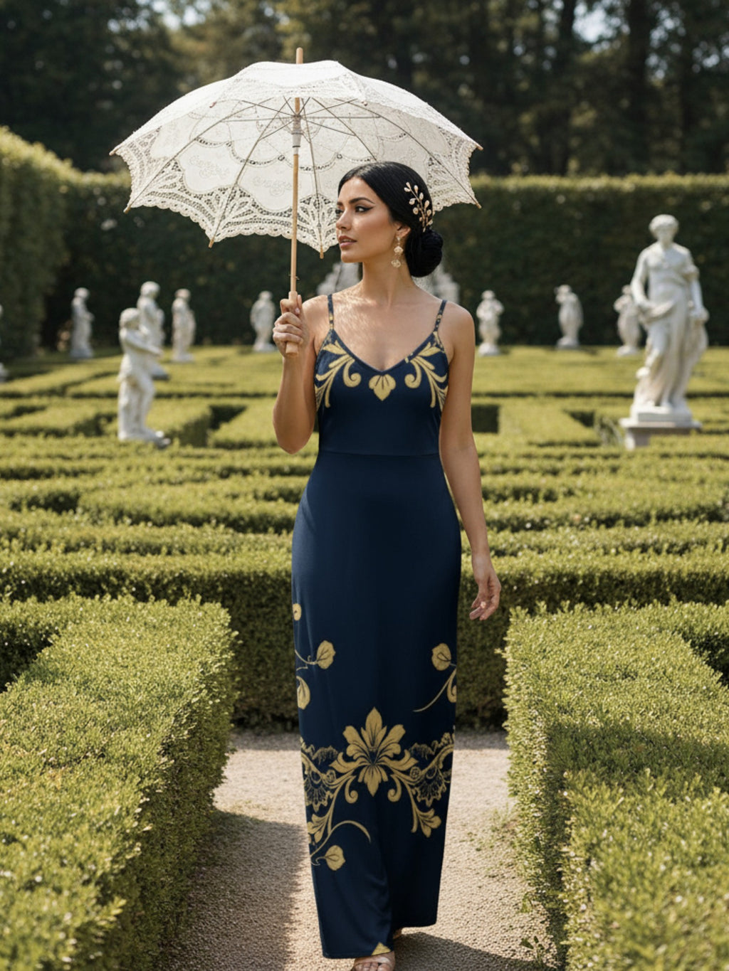 Woman wearing royal blue maxi dress for women with gold floral designs holding a white lace parasol in garden