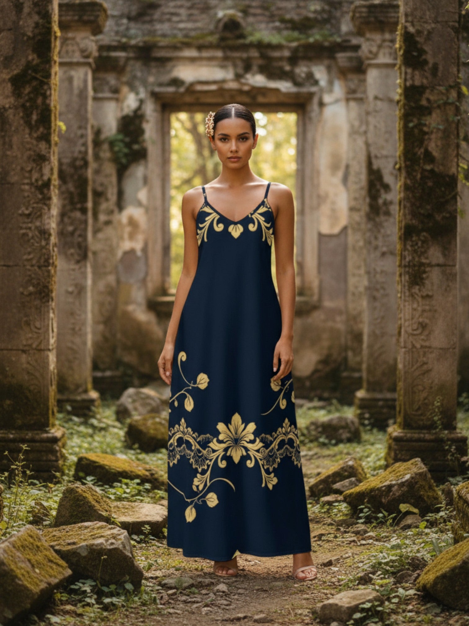 Angelic Blessings Shop royal blue maxi dress for women with gold floral design worn outdoors