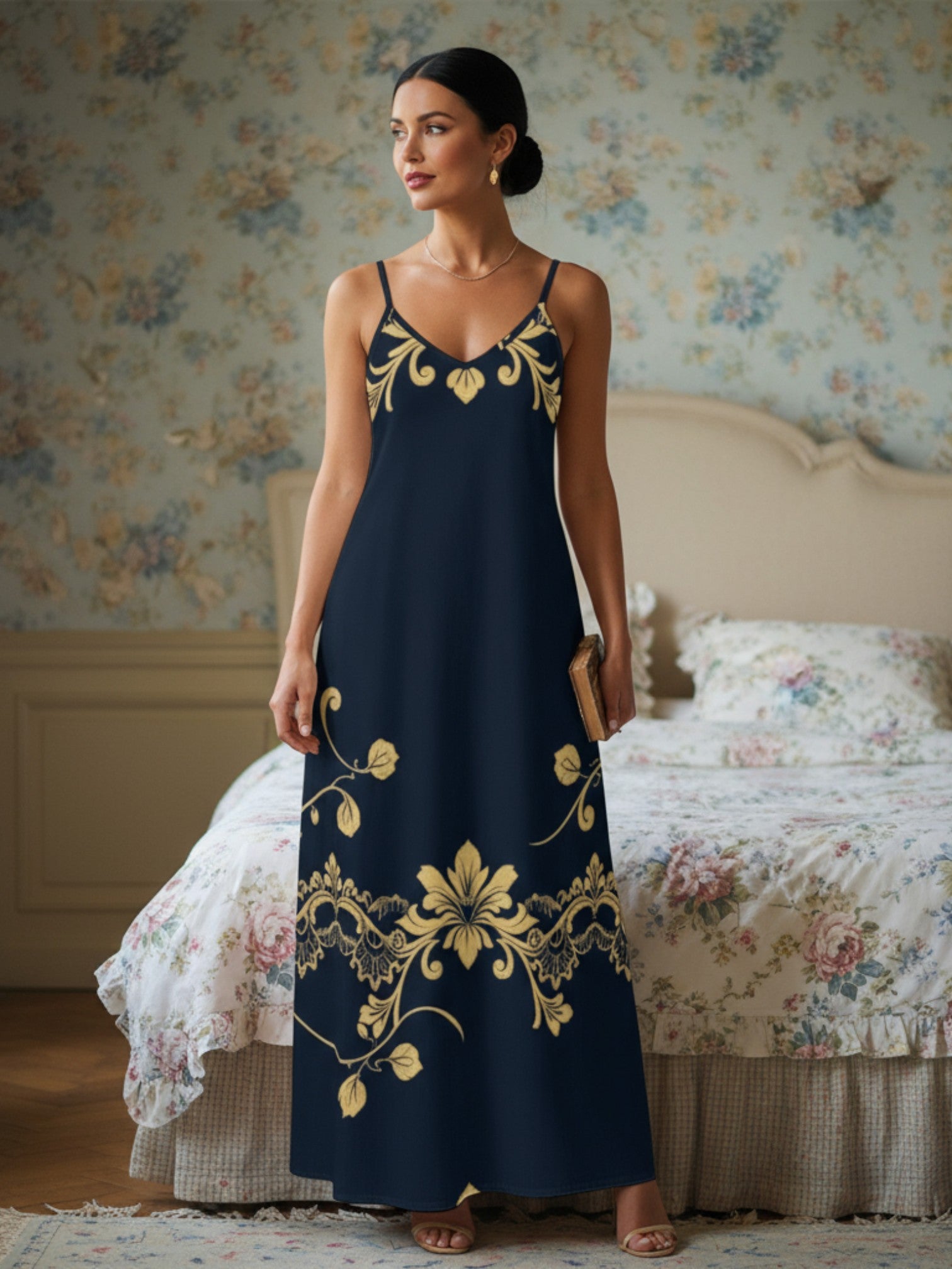 Angelic Blessings Shop royal blue maxi dress for women with gold floral embroidery and spaghetti straps
