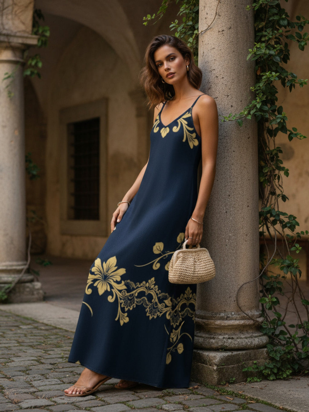 Woman wearing royal blue V-neck spaghetti strap maxi dress front view