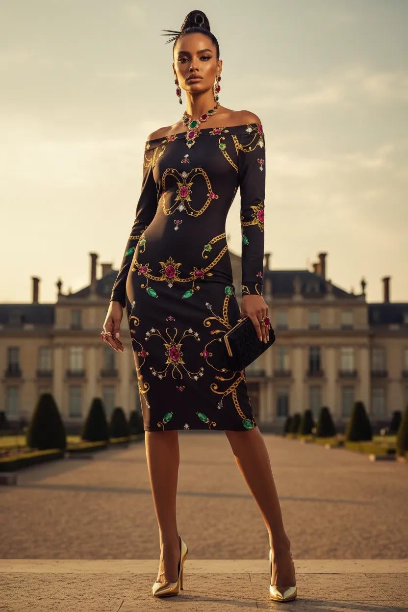 Black off-shoulder bodycon Rubino Sovrano- plus size statement midi dress with colorful jewel print and long sleeves