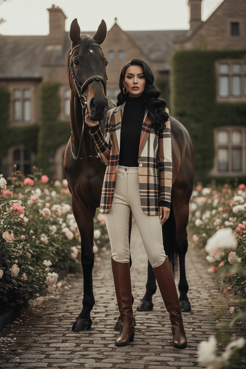 Saddle Brown tartan blazer outfit women minimalist classy style 