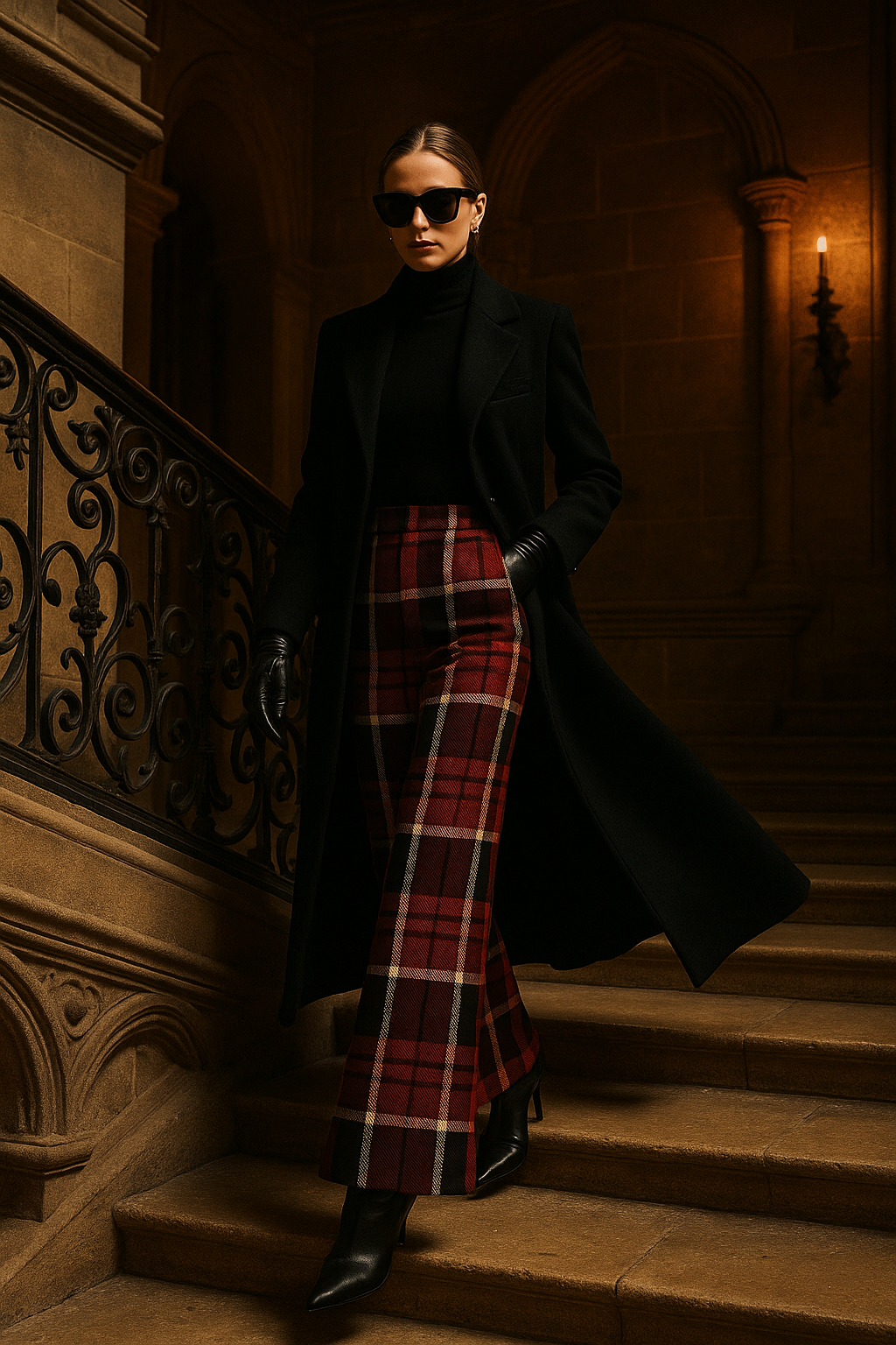 Woman wearing Scottish tartan high waist pants paired with black coat and sunglasses on stone staircase