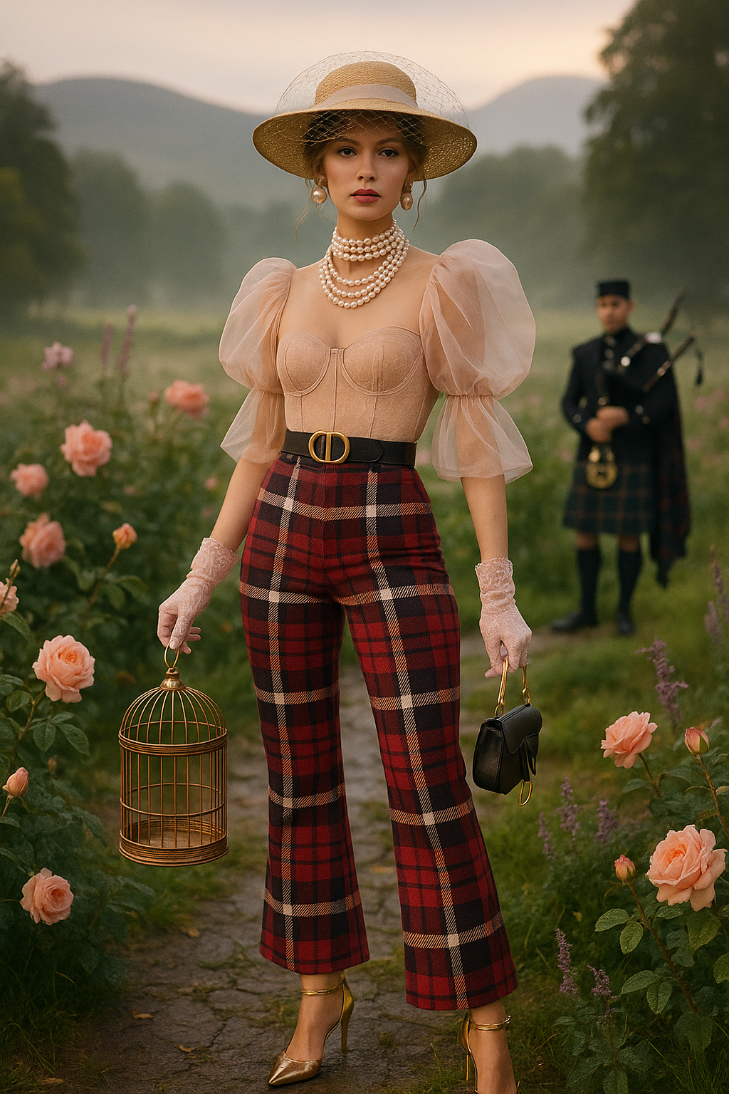 Woman wearing Scottish tartan high waist pants with sheer puff sleeves blouse in garden setting