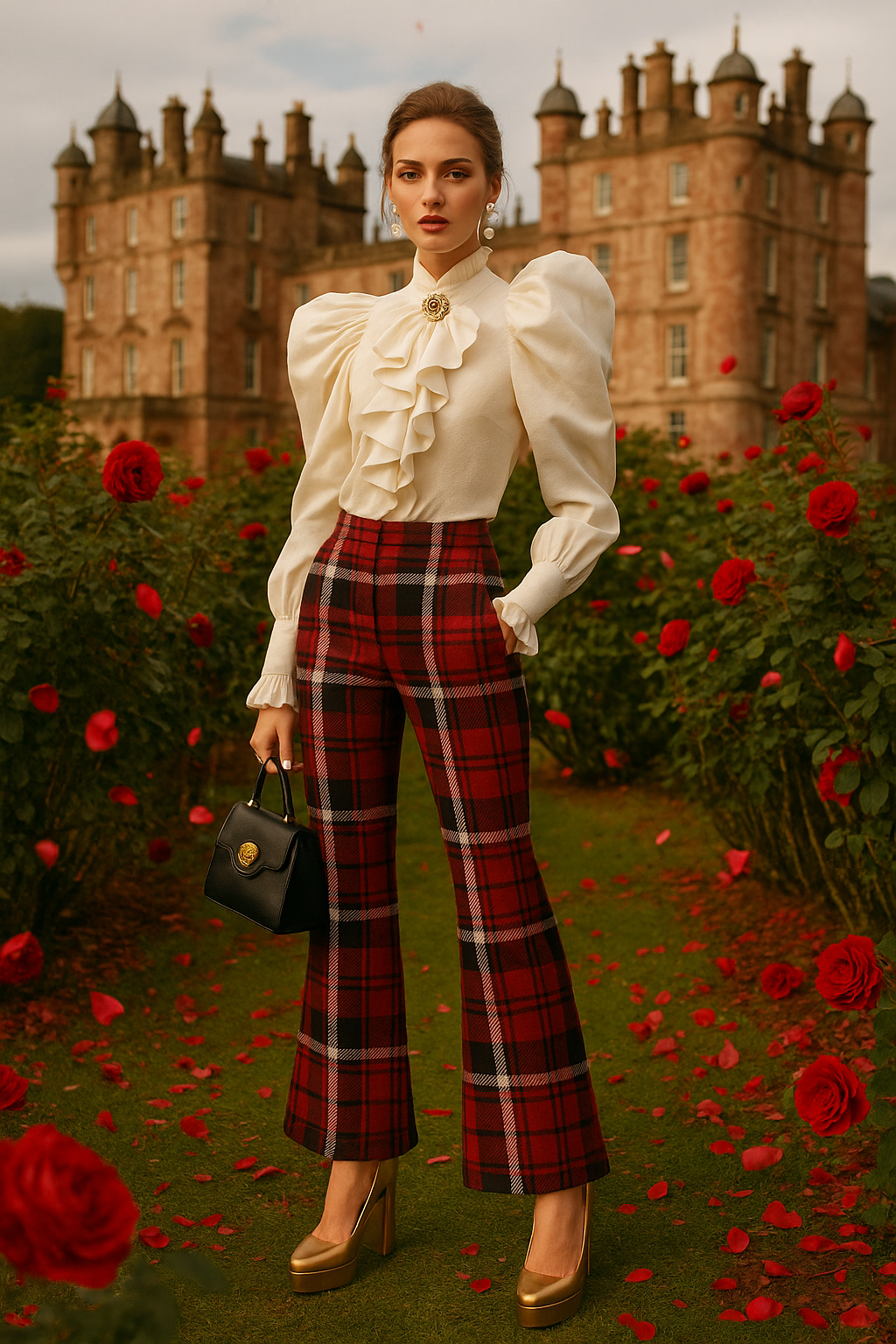 Woman wearing Scottish tartan high waist pants with a white ruffled blouse and gold heels in a rose garden