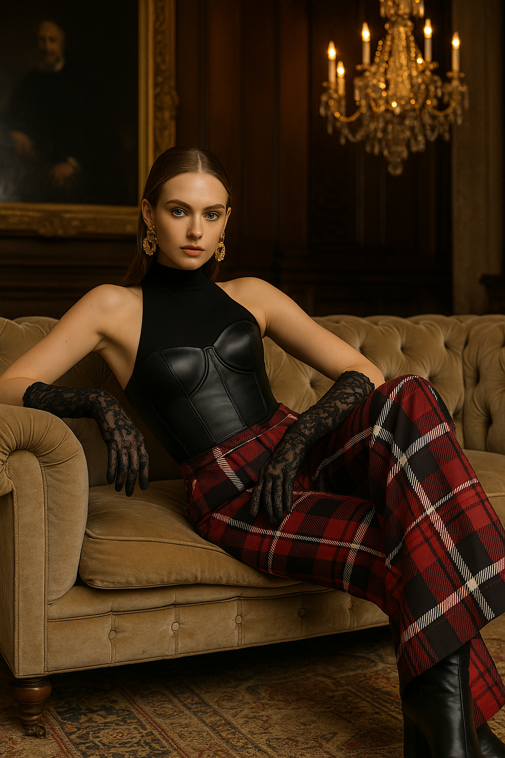 Woman wearing Scottish tartan high waist pants sitting on beige sofa with elegant black top and gloves
