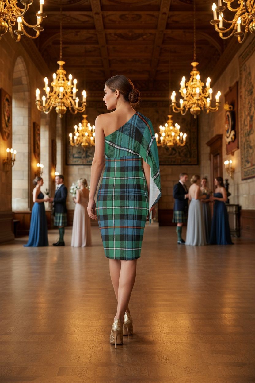 Scottish tartan midi dress for women with one-shoulder design